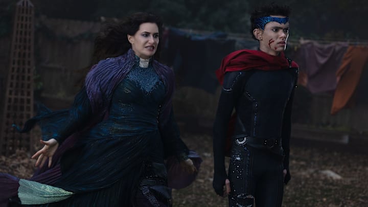 (L-R) Agatha Harkness (Kathryn Hahn) and Billy Maximoff (Joe Locke) in Marvel Television's AGATHA ALL ALONG, exclusively on Disney+