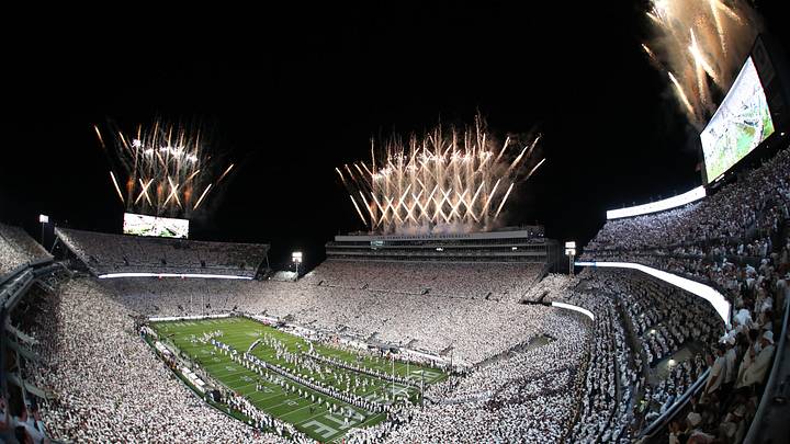 Fireworks are seen over an announced crowd of 111,015 during the 2025 White Out game between the Penn State Nittany Lions and the Oregon Ducks at Beaver Stadium. 