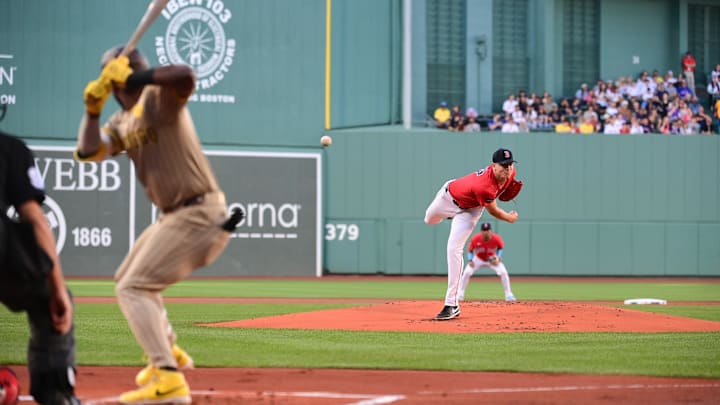 Jun 28, 2024; Boston, Massachusetts, USA; Boston Red Sox starting pitcher Nick Pivetta (37) pitches to San Diego Padres left fielder Jurickson Profar (10) during the first inning at Fenway Park. Mandatory Credit: Eric Canha-USA TODAY Sports