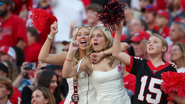Oct 12, 2024; Athens, Georgia, USA; Georgia Bulldogs fans in the stands against the Mississippi State Bulldogs in the third quarter at Sanford Stadium. Mandatory Credit: Brett Davis-Imagn Images
Oct 12, 2024; Athens, Georgia, USA; Georgia Bulldogs fans in the stands against the Mississippi State Bulldogs in the third quarter at Sanford Stadium. Mandatory Credit: Brett Davis-Imagn Images