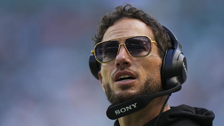 Oct 12, 2025; Miami Gardens, Florida, USA; Miami Dolphins head coach Mike McDaniel looks on from the sidelines against the Los Angeles Chargers during the first quarter at Hard Rock Stadium. Mandatory Credit: Rich Storry-Imagn Images