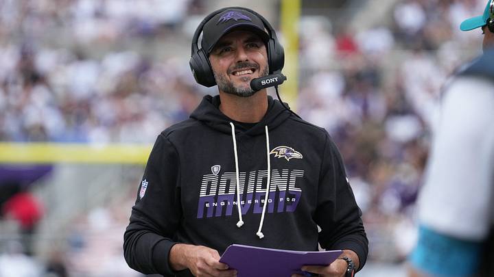 Sep 20, 2026; Baltimore, Maryland, USA;  Baltimore Ravens head coach Jesse Minter looks on in the first quarter against the New Orleans Saints at M&T Bank Stadium.  Mandatory Credit: James Lang-Imagn Images