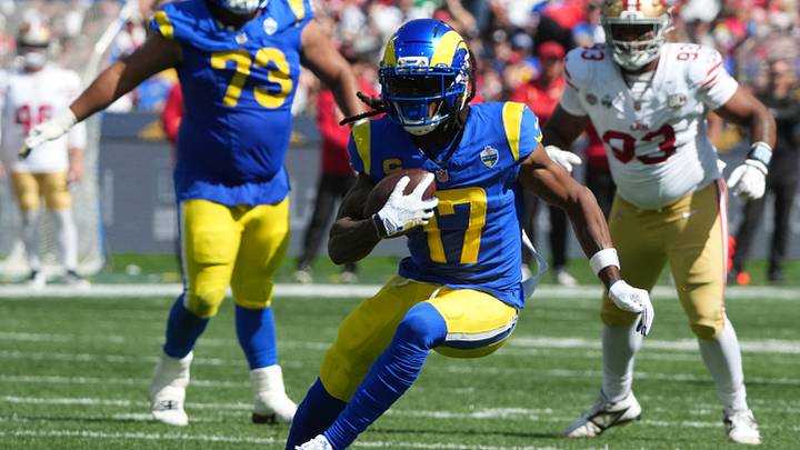 Sep 11, 2026; Melbourne, AUS; Los Angeles Rams wide receiver Davante Adams (17) makes a catch against the San Francisco 49ers in the second half at Melbourne Cricket Ground. Mandatory Credit: Kirby Lee-Imagn Images Sep 11, 2026; Melbourne, AUS; Los Angeles Rams wide receiver Davante Adams (17) makes a catch against the San Francisco 49ers in the second half at Melbourne Cricket Ground. Mandatory Credit: Kirby Lee-Imagn Images