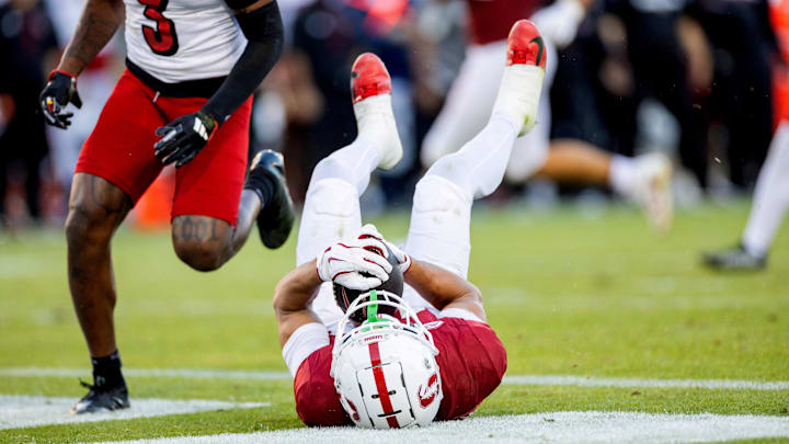 Nov 16, 2024; Stanford, California, USA;  Stanford Cardinal wide receiver Emmett Mosley V (10) catches a touchdown pass against the Louisville Cardinals during the fourth quarter at Stanford Stadium. Mandatory Credit: Bob Kupbens-Imagn Images