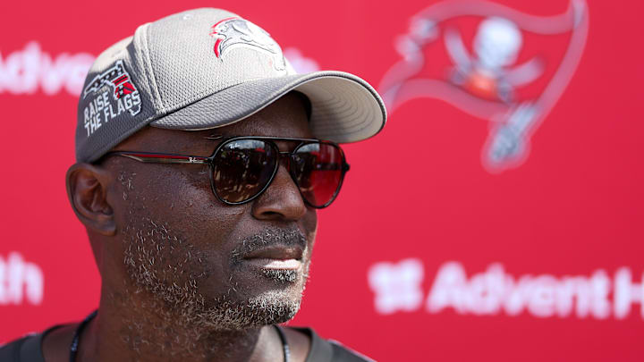 Tampa Bay Buccaneers head coach Todd Bowles gives a press conference after mini camp at AdventHealth Training Center. (Mandatory Credit: Nathan Ray Seebeck-Imagn Images)