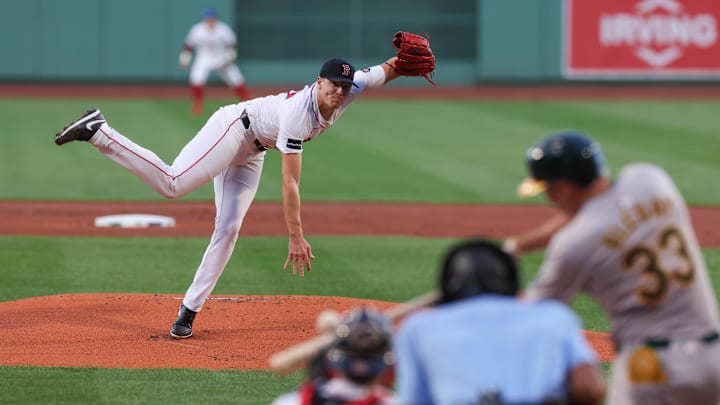 Jul 10, 2024; Boston, Massachusetts, USA; Boston Red Sox starting pitcher Nick Pivetta (37) throws a pitch during the first inning against the Oakland Athletics at Fenway Park. Mandatory Credit: Paul Rutherford-Imagn Images