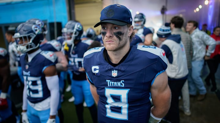 Tennessee Titans quarterback Will Levis (8) waits to enter the field before the Titans play the Bengals at Nissan Stadium in Nashville, Tenn., Sunday, Dec. 15, 2024.