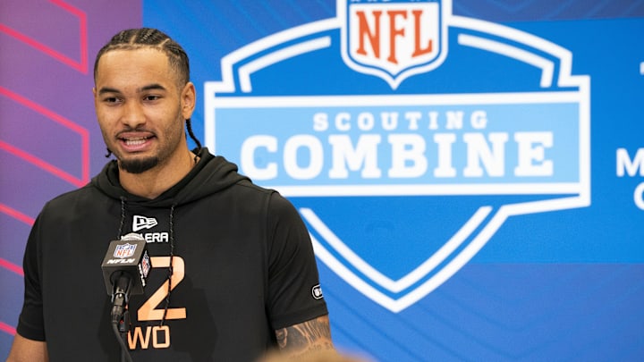 Feb 28, 2025; Indianapolis, IN, USA; Ohio State wideout Emeka Egbuka (WO12) speaks during a press conference during the 2025 NFL Combine at Indiana Convention Center. Mandatory Credit: Stephanie Amador Blondet-Imagn Images