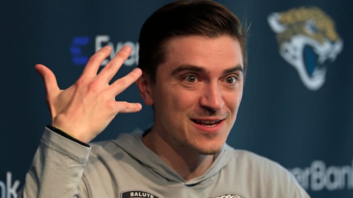 Jacksonville Jaguars general manager James Gladstone speaks during a press conference at Miller Electric Center Tuesday, April 15, 2025 in Jacksonville, Fla. [Corey Perrine/Florida Times-Union]