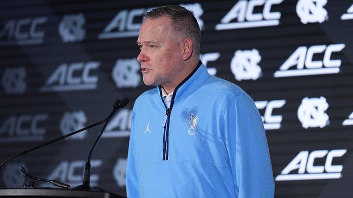 Oct 7, 2026; Charlotte, NC, USA;  North Carolina Tar Heels head coach Michael Malone answers questions from the media during the ACC Tip-Off in Charlotte, NC.  Mandatory Credit: Jim Dedmon-Imagn Images