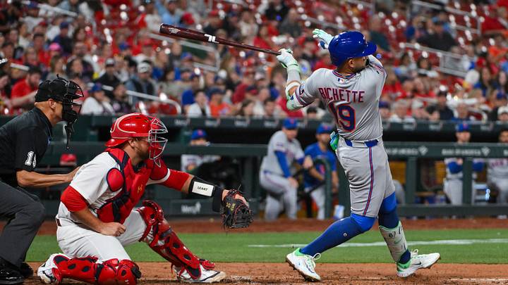 Mar 30, 2026; St. Louis, Missouri, USA; New York Mets third baseman Bo Bichette (19) hits a one run single against the St. Louis Cardinals during the fifth inning at Busch Stadium. Mandatory Credit: Jeff Curry-Imagn Images Mar 30, 2026; St. Louis, Missouri, USA; New York Mets third baseman Bo Bichette (19) hits a one run single against the St. Louis Cardinals during the fifth inning at Busch Stadium. Mandatory Credit: Jeff Curry-Imagn Images