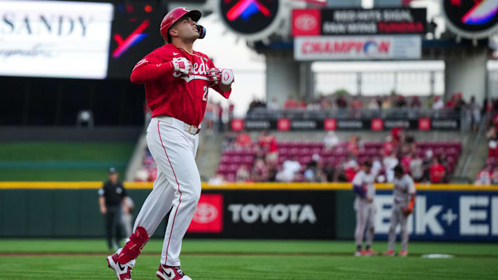Apr 14, 2026; Cincinnati, Ohio, USA;  Cincinnati Reds third baseman Sal Stewart (27) runs the bases after hitting a solo home run against the San Francisco Giants in the fourth inning at Great American Ball Park. Mandatory Credit: Aaron Doster-Imagn Images