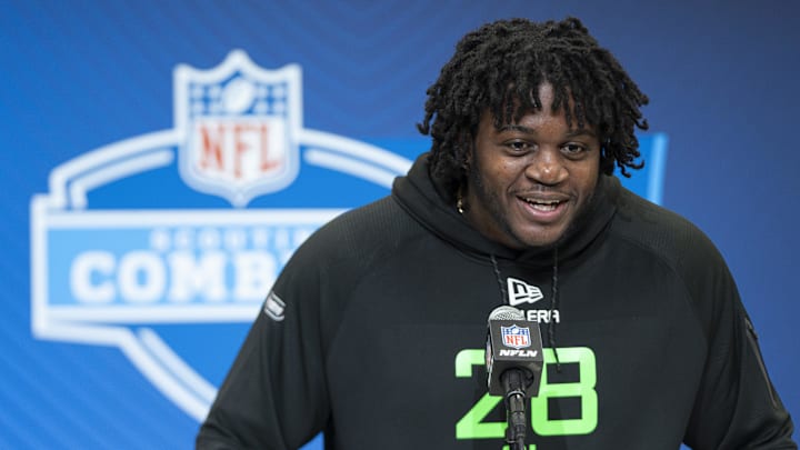 Mar 1, 2025; Indianapolis, IN, USA; University of Missouri offensive lineman Armand Membou (OL28) answers questions at a press conference during the 2025 NFL Combine at Indiana Convention Center. Mandatory Credit: Jacob Musselman-Imagn Images