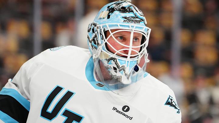 Apr 29, 2026; Las Vegas, Nevada, USA; Utah Mammoth goaltender Vitek Vanecek (41) warms up before the start of game five of the first round of the 2026 Stanley Cup Playoffs against the Vegas Golden Knights at T-Mobile Arena. Mandatory Credit: Stephen R. Sylvanie-Imagn Images