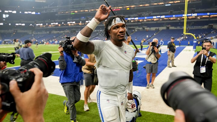 Indianapolis Colts quarterback Anthony Richardson (5) leaves the field Sunday, Sept. 22, 2024, after winning a game against the Chicago Bears at Lucas Oil Stadium in Indianapolis.