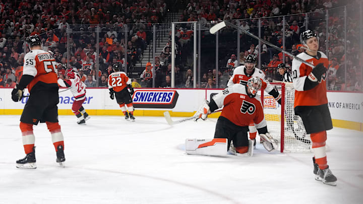 May 9, 2026; Philadelphia, Pennsylvania, USA; Philadelphia Flyers goaltender Dan Vladar (80) reacts after giving up the game-winning goal against the Carolina Hurricanes in game four of the second round of the 2026 Stanley Cup Playoffs at Xfinity Mobile Arena. 