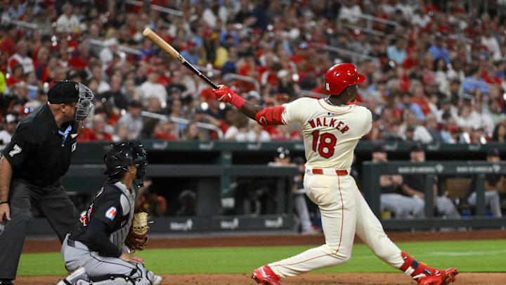 Sep 21, 2024; St. Louis, Missouri, USA;  St. Louis Cardinals right fielder Jordan Walker (18) hits a two run home run against the Cleveland Guardians during the fourth inning at Busch Stadium. Mandatory Credit: Jeff Curry-Imagn Images