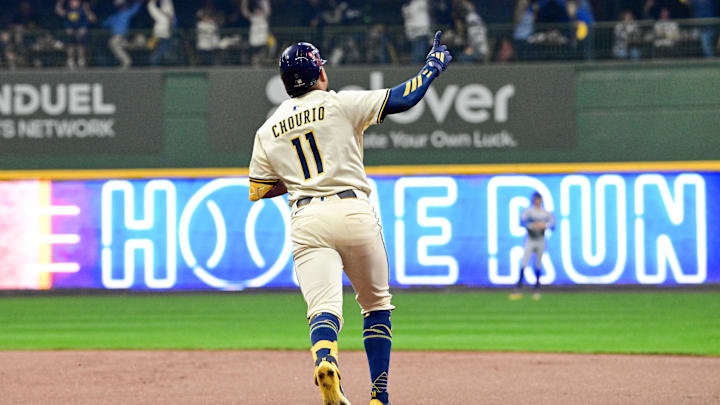 Oct 14, 2025; Milwaukee, Wisconsin, USA; Milwaukee Brewers right fielder Jackson Chourio (11) rounds the bases after hitting a solo home run against the Los Angeles Dodgers in the first inning during game two of the NLCS round for the 2025 MLB playoffs at American Family Field. Mandatory Credit: Benny Sieu-Imagn Images Oct 14, 2025; Milwaukee, Wisconsin, USA; Milwaukee Brewers right fielder Jackson Chourio (11) rounds the bases after hitting a solo home run against the Los Angeles Dodgers in the first inning during game two of the NLCS round for the 2025 MLB playoffs at American Family Field. Mandatory Credit: Benny Sieu-Imagn Images