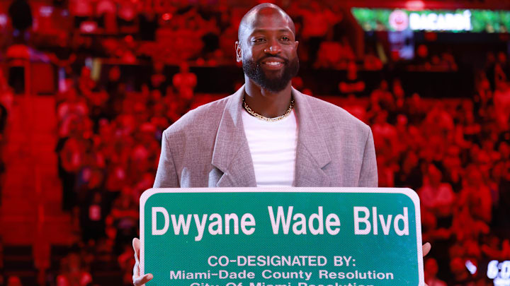 Oct 28, 2024; Miami, Florida, USA; Former Miami Heat guard Dwyane Wade is honored with 'Dwayne Wade Blvd' at halftime during a game against the Detroit Pistons at Kaseya Center. Mandatory Credit: Rhona Wise-Imagn Images Oct 28, 2024; Miami, Florida, USA; Former Miami Heat guard Dwyane Wade is honored with 'Dwayne Wade Blvd' at halftime during a game against the Detroit Pistons at Kaseya Center. Mandatory Credit: Rhona Wise-Imagn Images