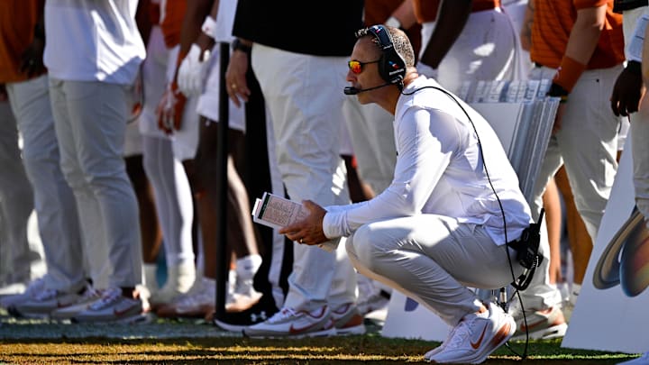 Oct 11, 2025; Dallas, Texas, USA; Texas Longhorns head coach Steve Sarkisian looks on during the first half against the Oklahoma Sooners at the Cotton Bowl. Mandatory Credit: Jerome Miron-Imagn Images