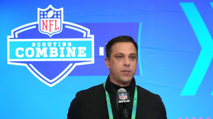 Feb 27, 2024; Indianapolis, IN, USA; Kansas City Chiefs general manager Brett Veach speaks during a press conference at the NFL Scouting Combine at Indiana Convention Center. Mandatory Credit: Kirby Lee-Imagn Images