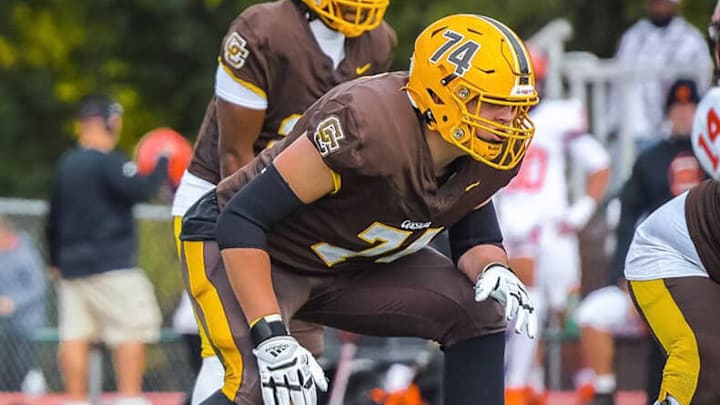 2028 offensive lineman Wyatt Van Boening lines up at right tackle during a Carmel Catholic High School football game. 