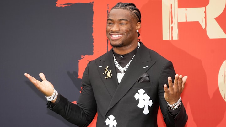 Apr 24, 2025; Green Bay, WI, USA; Alabama Crimson Tide quarterback Jalen Milroe on the red carpet before the 2025 NFL Draft at Lambeau Field. Mandatory Credit: Kirby Lee-Imagn Images