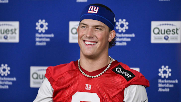 May 9, 2025; East Rutherford, NJ, USA; New York Giants quarterback Jaxson Dart (6) speaks to members of the press after rookie minicamp at Quest Diagnostics Training Center.  