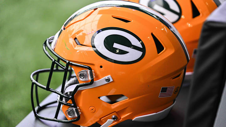 Dec 29, 2024; Minneapolis, Minnesota, USA;  A Green Bay Packers helmet sits ready before the game against the Minnesota Vikings at U.S. Bank Stadium. Mandatory Credit: Jeffrey Becker-Imagn Images