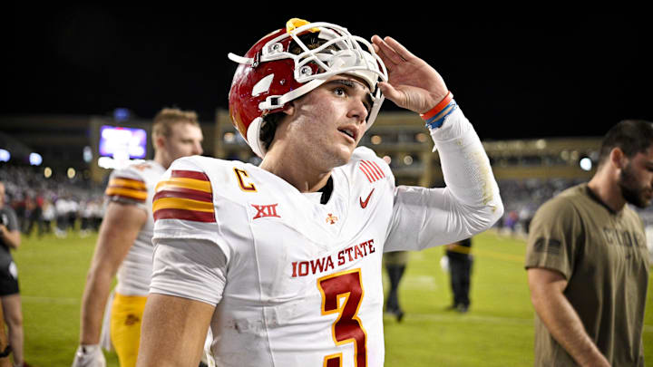 Nov 8, 2025; Fort Worth, Texas, USA; Iowa State Cyclones quarterback Rocco Becht (3) walks off the field after the Cyclones defeat the TCU Horned Frogs at Amon G. Carter Stadium. Mandatory Credit: Jerome Miron-Imagn Images