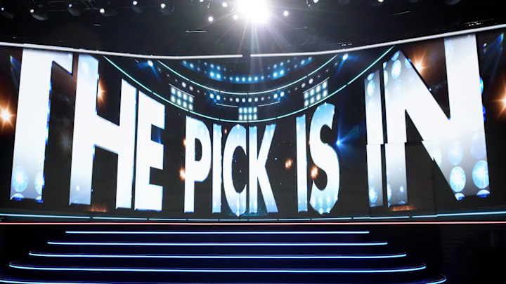 Jun 27, 2025; Los Angeles, California, USA; The video board shows the 20th overall pick for the Columbus Blue Jackets is about to be announced in the first round of the 2025 NHL Draft at Peacock Theater. Mandatory Credit: Kirby Lee-Imagn Images