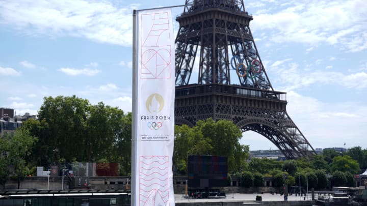 Jul 25, 2024; Paris, France; The Eiffel Tower prior at the Paris 2024 Olympics opening ceremonies. Jul 25, 2024; Paris, France; The Eiffel Tower prior at the Paris 2024 Olympics opening ceremonies.