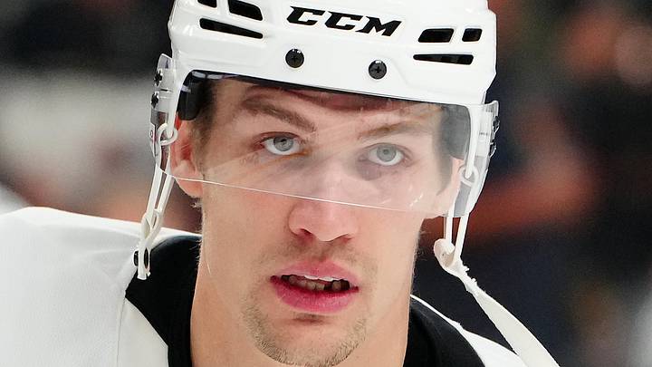 Oct 22, 2024; Las Vegas, Nevada, USA; Los Angeles Kings defenseman Andreas Englund (5) warms up before a game against the Vegas Golden Knights at T-Mobile Arena. Mandatory Credit: Stephen R. Sylvanie-Imagn Images