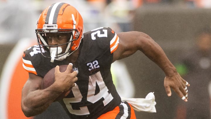 Sep 10, 2023; Cleveland, Ohio, USA; Cleveland Browns running back Nick Chubb (24) runs the ball against the Cincinnati Bengals during the third quarter at Cleveland Browns Stadium. Mandatory Credit: Scott Galvin-USA TODAY Sports Sep 10, 2023; Cleveland, Ohio, USA; Cleveland Browns running back Nick Chubb (24) runs the ball against the Cincinnati Bengals during the third quarter at Cleveland Browns Stadium. Mandatory Credit: Scott Galvin-USA TODAY Sports