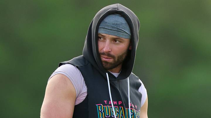 Jul 31, 2026; Tampa, FL, USA; Tampa Bay Buccaneers quarterback Baker Mayfield (6) participates in training camp at AdventHealth Training Center. 