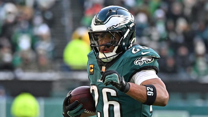 Dec 14, 2025; Philadelphia, Pennsylvania, USA; Philadelphia Eagles running back Saquon Barkley (26) against the Las Vegas Raiders at Lincoln Financial Field. Mandatory Credit: Eric Hartline-Imagn Images