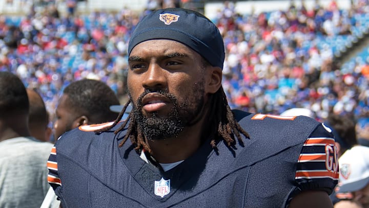 Aug 10, 2024; Orchard Park, New York, USA; Chicago Bears offensive tackle Braxton Jones (70) on the sidelines during a pre-season game against the Buffalo Bills at Highmark Stadium. Mandatory Credit: Mark Konezny-Imagn Images