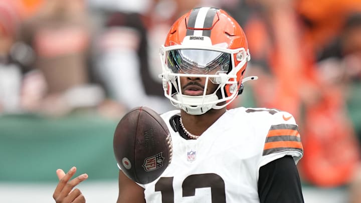 Nov 9, 2025; East Rutherford, New Jersey, USA;  Cleveland Browns Cleveland Browns quarterback Shedeur Sanders (12) before the game against the New York Jets at MetLife Stadium. Mandatory Credit: Robert Deutsch-Imagn Images