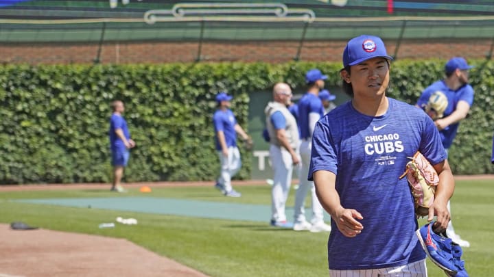 May 23, 2024; Chicago, Illinois, USA; Chicago Cubs pitcher Shota Imanaga (18) on the field before the game against the Atlanta Braves at Wrigley Field. May 23, 2024; Chicago, Illinois, USA; Chicago Cubs pitcher Shota Imanaga (18) on the field before the game against the Atlanta Braves at Wrigley Field.