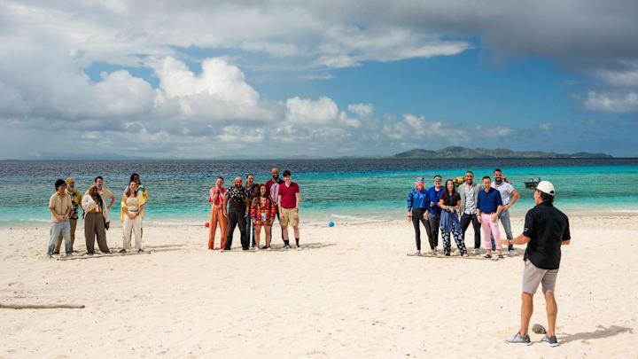 “Act One of a Horror Film” – SURVIVOR. Pictured (L-R): HINA, ULI, and KELE Tribes with Jeff Probst. Photo: Robert Voets/CBS ©2025 CBS Broadcasting, Inc. All Rights Reserved.