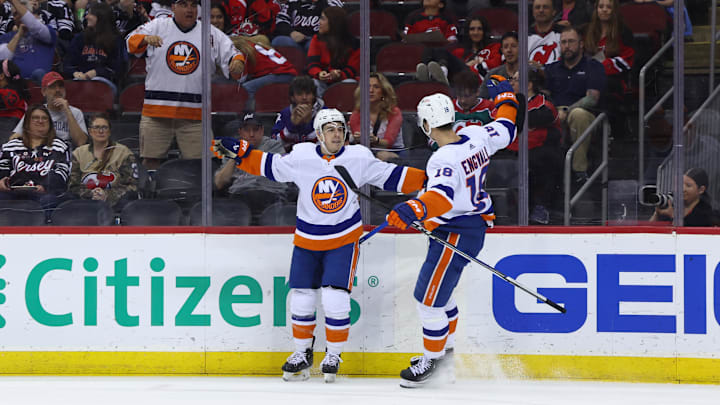 Apr 15, 2024; Newark, New Jersey, USA; New York Islanders center Jean-Gabriel Pageau (44) celebrates