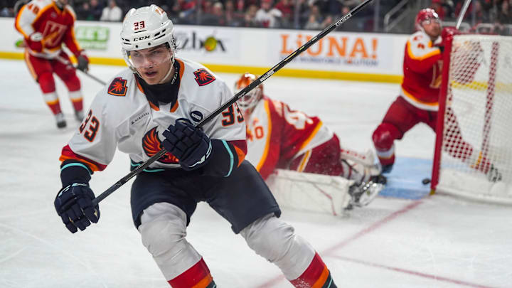 Coachella Valley forward Jani Nyman skates away after finding the back of the net during the second period of their game at Acrisure Arena in Palm Desert, Calif., Saturday, Dec. 14, 2024.