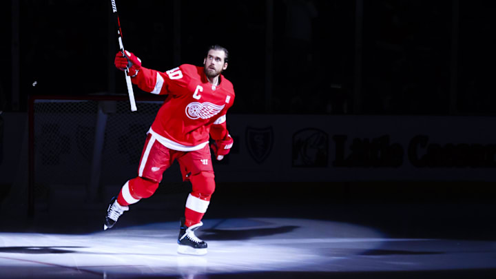 Oct 17, 2016; Detroit, MI, USA; Detroit Red Wings left wing Henrik Zetterberg (40) skates on the ice during player introductions prior to the game against Ottawa Senators at Joe Louis Arena. Mandatory Credit: Rick Osentoski-Imagn Images