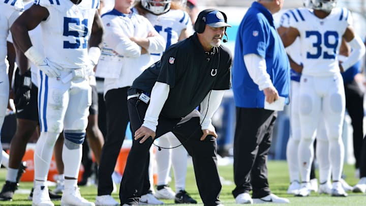 Colts Defensive Coordinator and former Jaguars Head Coach Gus Bradley on the sideline during late fourth quarter action. The Jacksonville Jaguars hosted the Indianapolis Colts at EverBank Stadium in Jacksonville, FL Sunday, October 15, 2023. The Jaguars ended the first half with a 21 to 6 lead and won with a final score of 37 to 20.
