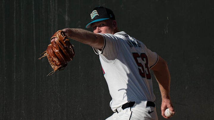 Kyle Amendt throws in the bullpen during the Arizona Fall League media day at Scottsdale Stadium on Oct. 4, 2024, in Scottsdale, Arizona. Kyle Amendt throws in the bullpen during the Arizona Fall League media day at Scottsdale Stadium on Oct. 4, 2024, in Scottsdale, Arizona.
