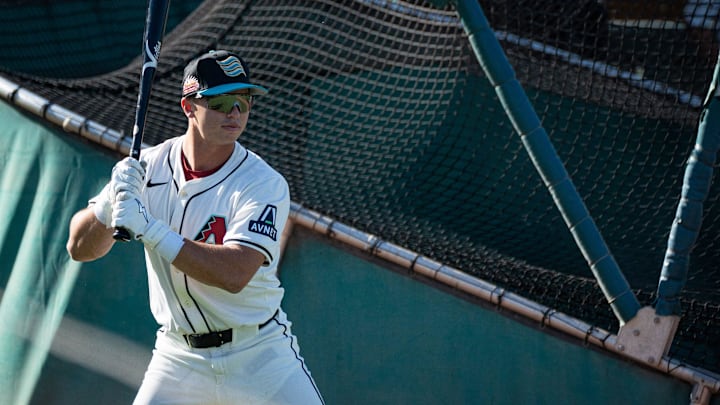Second baseman, Tommy Troy warms up for batting practice during the Arizona Fall League media day at Scottsdale Stadium on Oct. 4, 2024, in Scottsdale, Arizona.