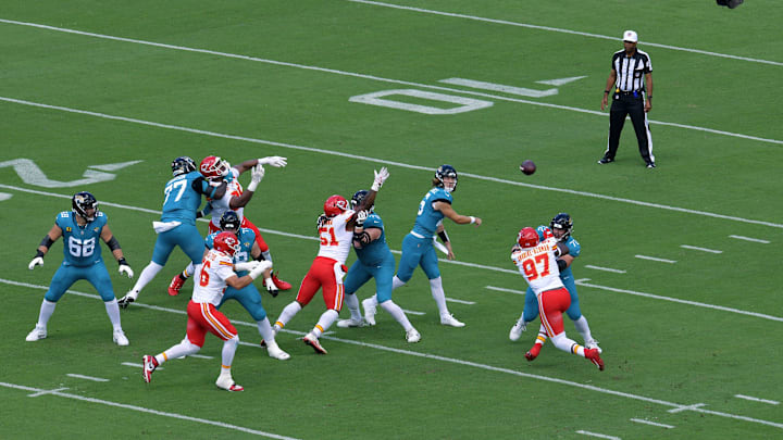 Jacksonville Jaguars quarterback Trevor Lawrence (16) launches a pass to wide receiver Calvin Ridley (0) on the opening drive of Sunday's game against the Kansas City Chiefs. The Jacksonville Jaguars hosted the Kansas City Chiefs at EverBank Stadium in Jacksonville, FL Sunday, September 17, 2023. [Bob Self/Florida Times-Union]
