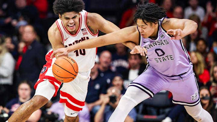 Kansas State forward Elias Rapieque defends Arizona forward Koa Peat in Wednesday's game at McKale Center in Tucson. Kansas State forward Elias Rapieque defends Arizona forward Koa Peat in Wednesday's game at McKale Center in Tucson.