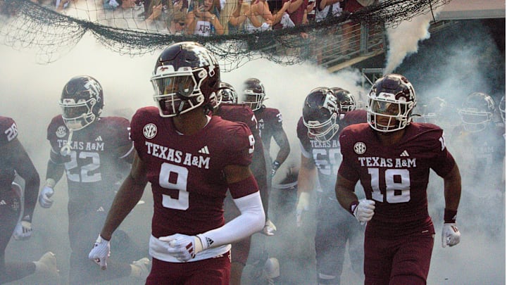 Oct 5, 2024; College Station, Texas, USA; The Texas A&M Aggies run onto the field prior to facing the Missouri Tigers at Kyle Field.