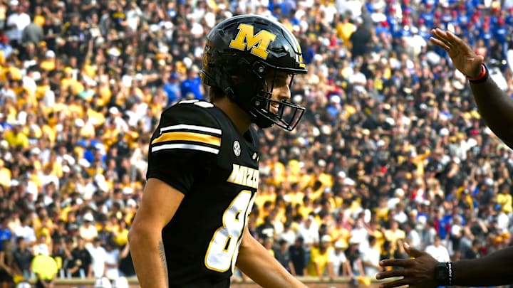 Sep 6, 2025; Columbia, Missouri, USA; Missouri Tigers kicker Robert Meyer (88) smiles after a made extra point in the second half of the Border Showdown against the Kansas Jayhawks at Faurot Field at Memorial Stadium. Sep 6, 2025; Columbia, Missouri, USA; Missouri Tigers kicker Robert Meyer (88) smiles after a made extra point in the second half of the Border Showdown against the Kansas Jayhawks at Faurot Field at Memorial Stadium.